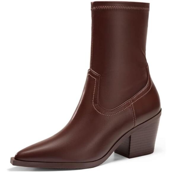 Womens Pointed Toe Ankle Boots Chunky Stacked Heel Side Zipper Leather - Picture 6 of 7